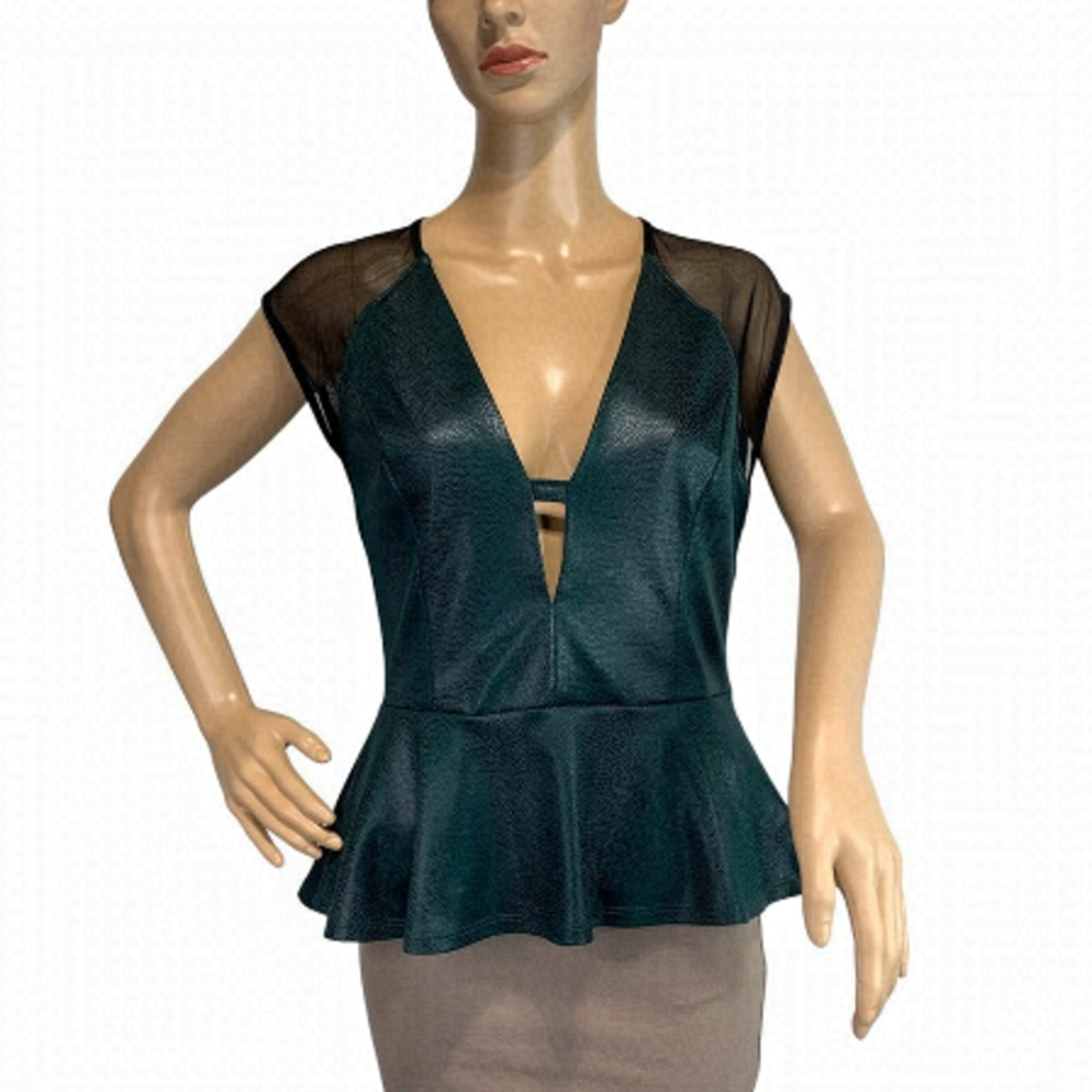GUESS Green Deep Plunge Mesh Cutout Top